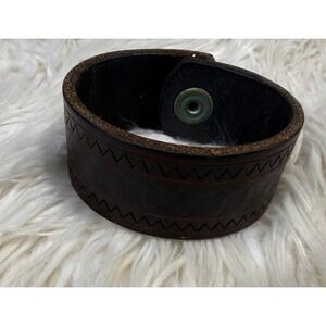 Vintage Embossed Brown Leather Cuff Bracelet Wide Stamped Geometric Snap Band